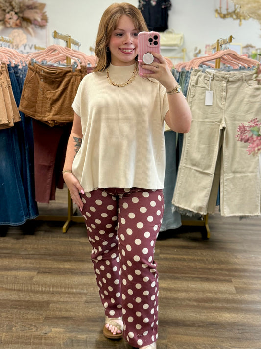 Burgundy Polka Dot Wide Straight Leg Pants