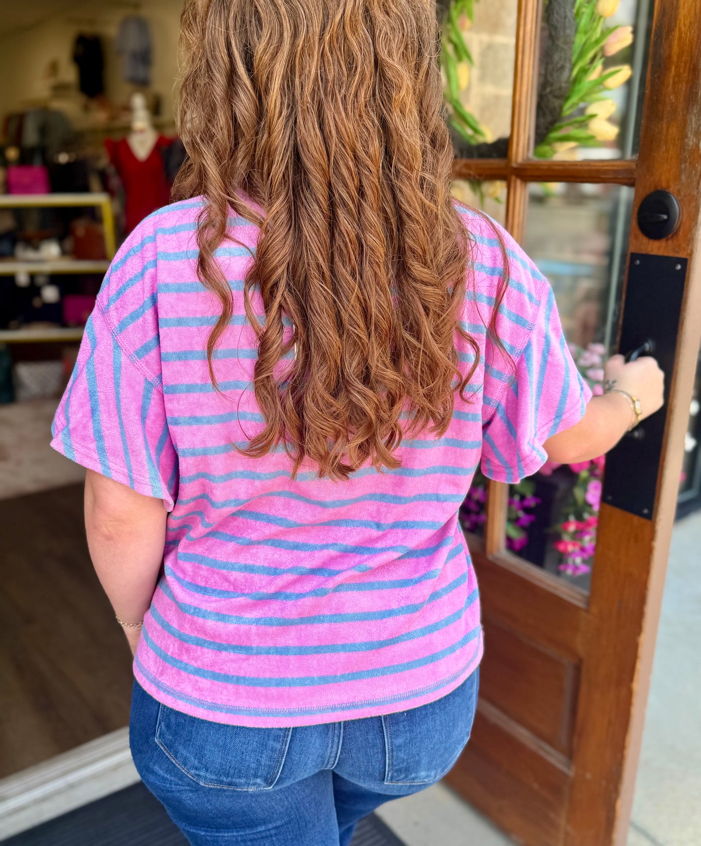 Purple Ruffle Sleeve Stripe Knit Top