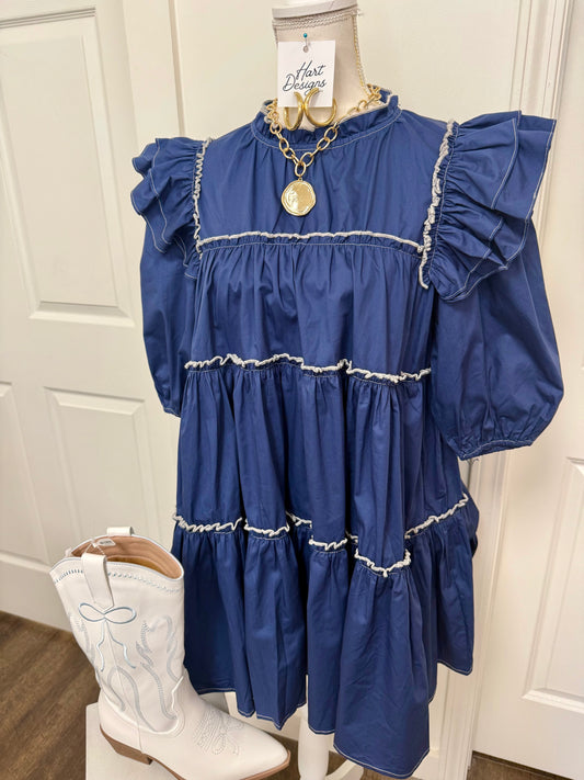 Navy Puff Sleeve Mini Dress