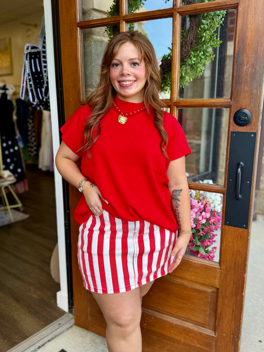Red Striped Denim Skirt