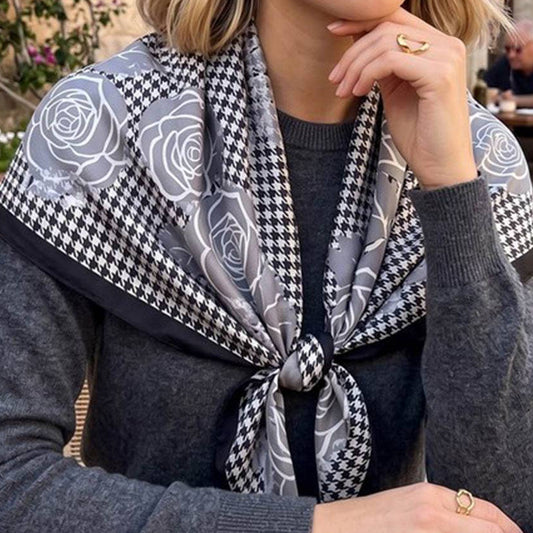 Black Vintage Rose & Houndstooth Silky Square Scarf