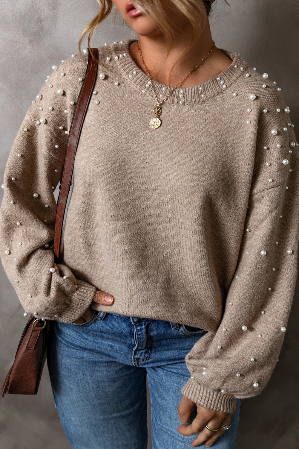 Plus Beige Pearl Drop Shoulder Sweater