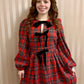 Red Plaid Velvet Tie Long Sleeve Dress