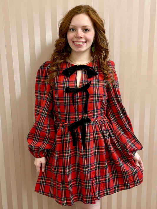 Red Plaid Velvet Tie Long Sleeve Dress