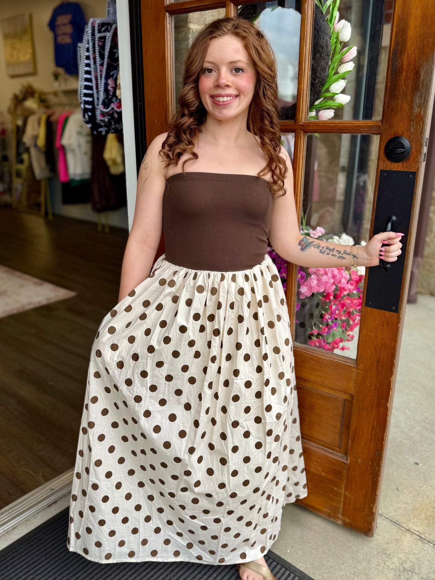 Brown Strapless Polka Dot Tube Dress