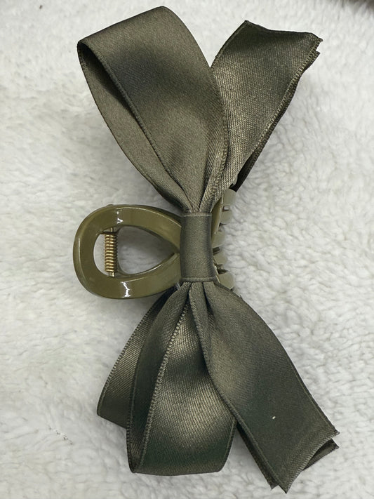 Olive Green Silk Ribbon Bow Claw Hairclip