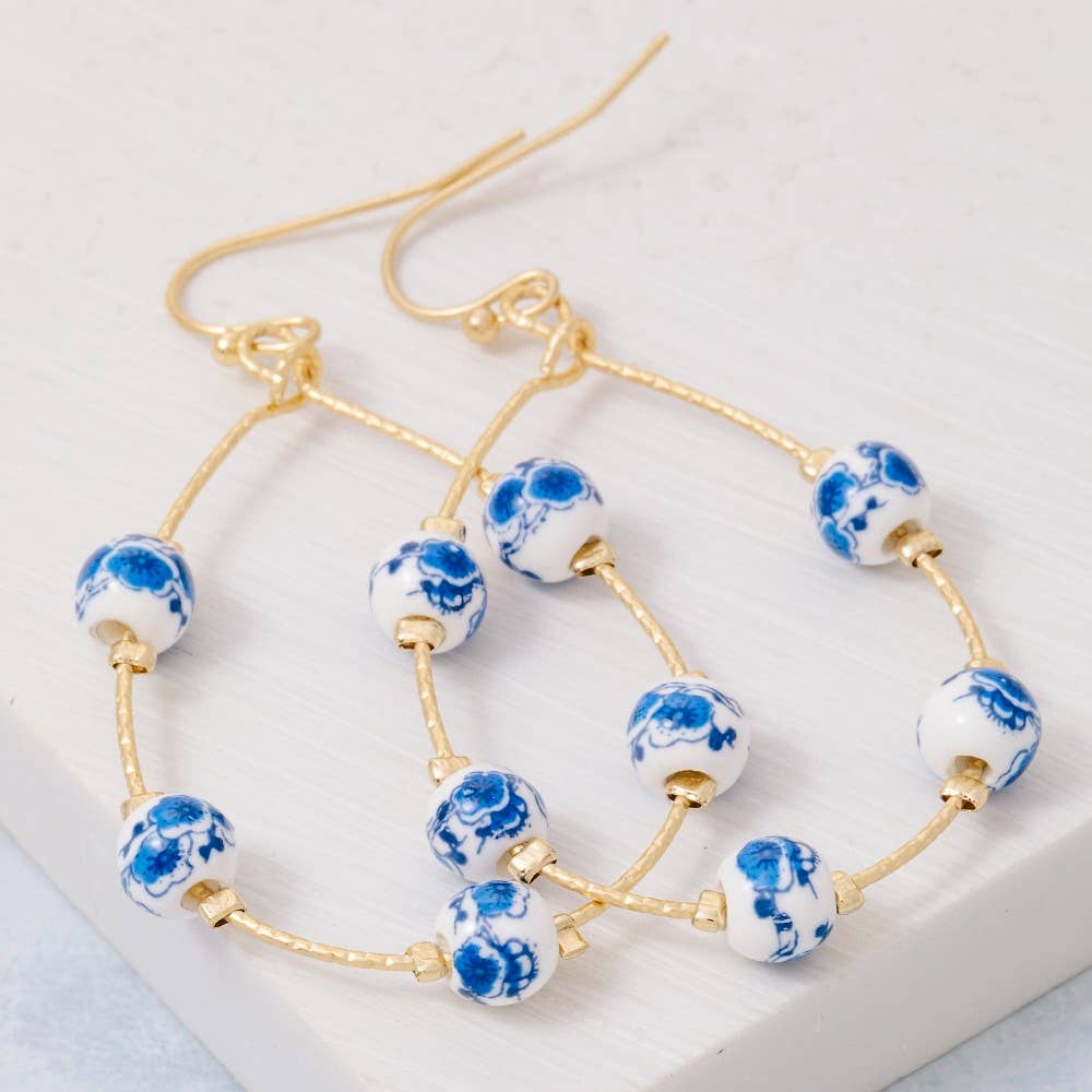 Blue Floral Ceramic Beaded Teardrop Earrings