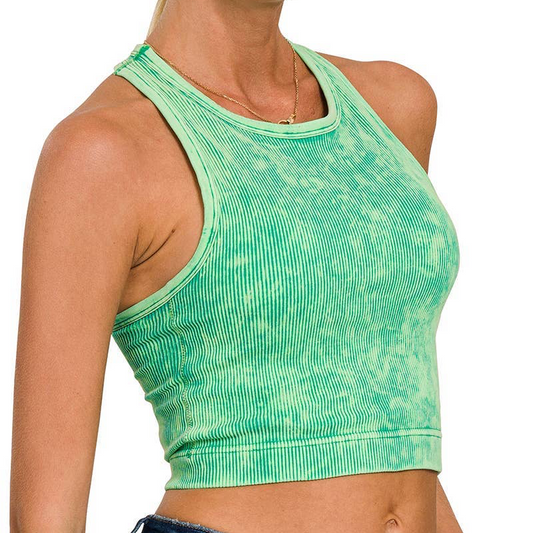 Kelly Green Washed Ribbed Cropped Tank Top