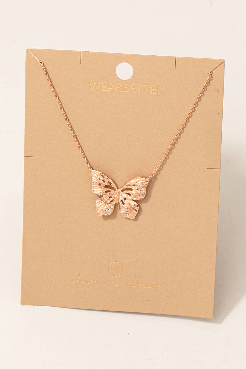 Rose Gold Cz Pave Butterfly Pendant Necklace