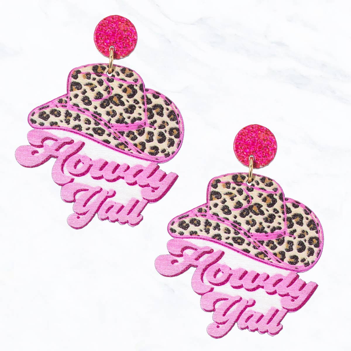 Pink Leopard Hat HOWDY YALL Wood Grain Earrings