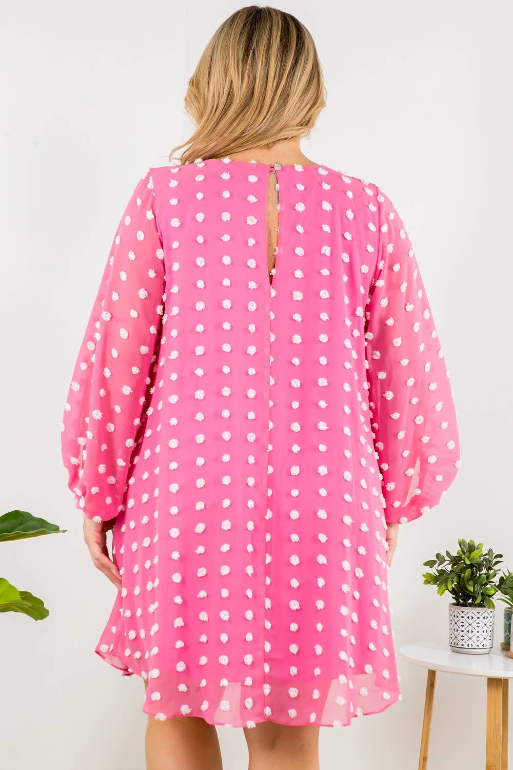 Pink V- Neck Bubble Sleeve Dot Dress