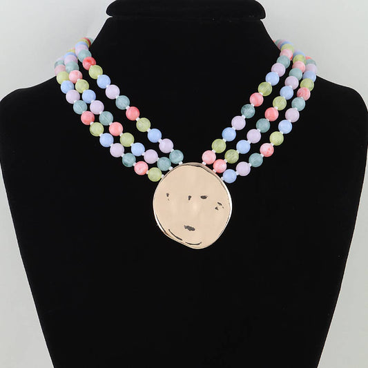 Multi Color Triple Beaded Disc Statement Necklace