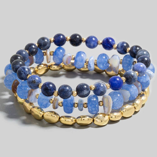 Blue Stone And Metallic Beaded Bracelet Set