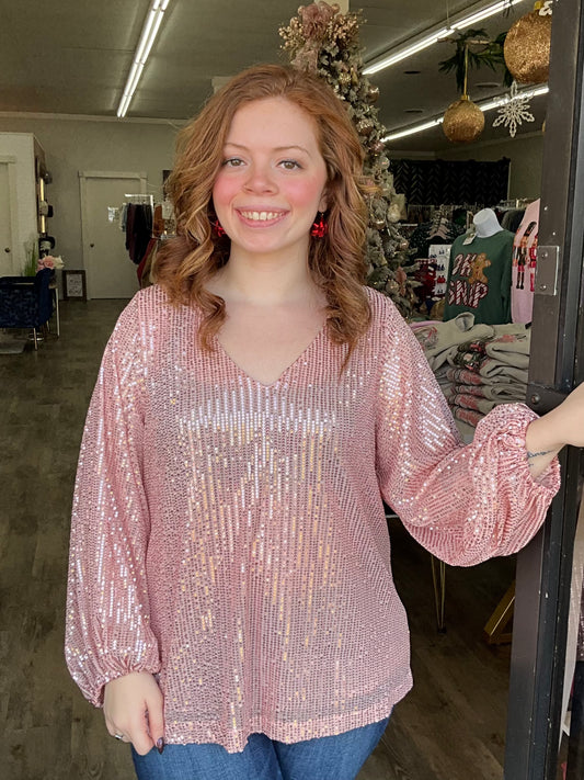 V-Neck Balloon Sleeve Sequin Top / Blush