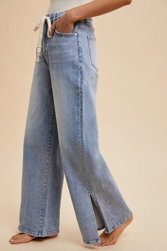 Denim Stretch Side Slit Wide Leg Jeans