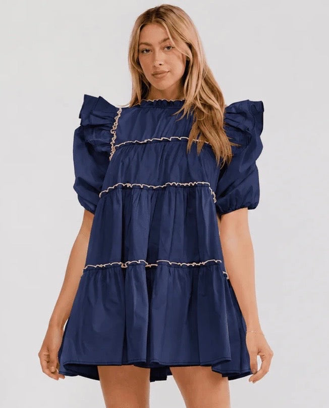 Navy Puff Sleeve Mini Dress