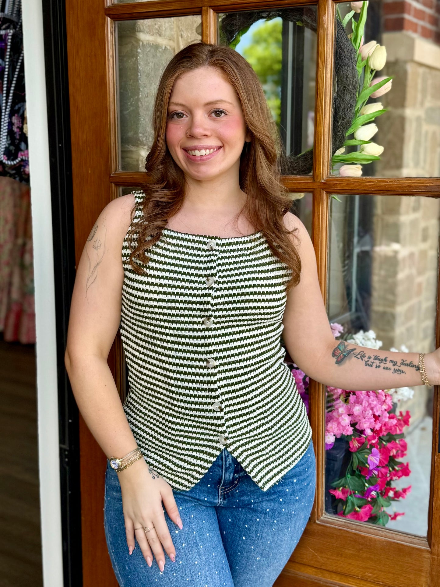 Green Button-Front Stripe Tank Top
