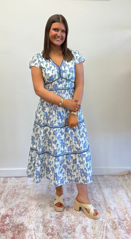 Blue Floral Print Tiered Dress