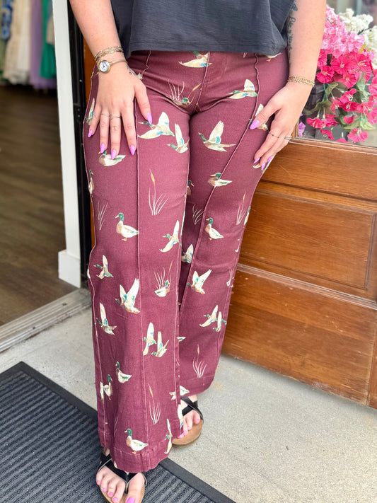 Burgundy Mallard Print Wide Leg Jeans