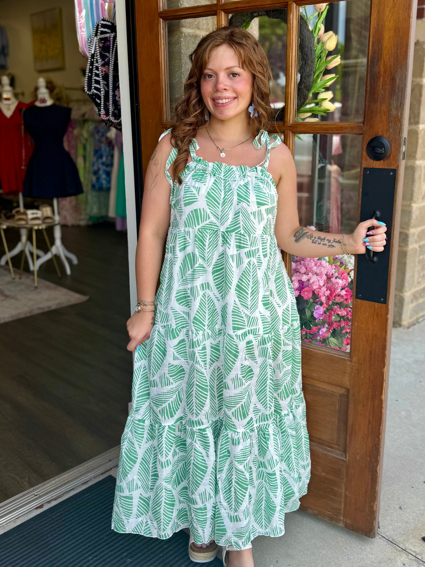 Leaf Print Swiss Maxi Dress