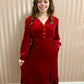 Red Velvet Buttoned Puff Sleeve Dress