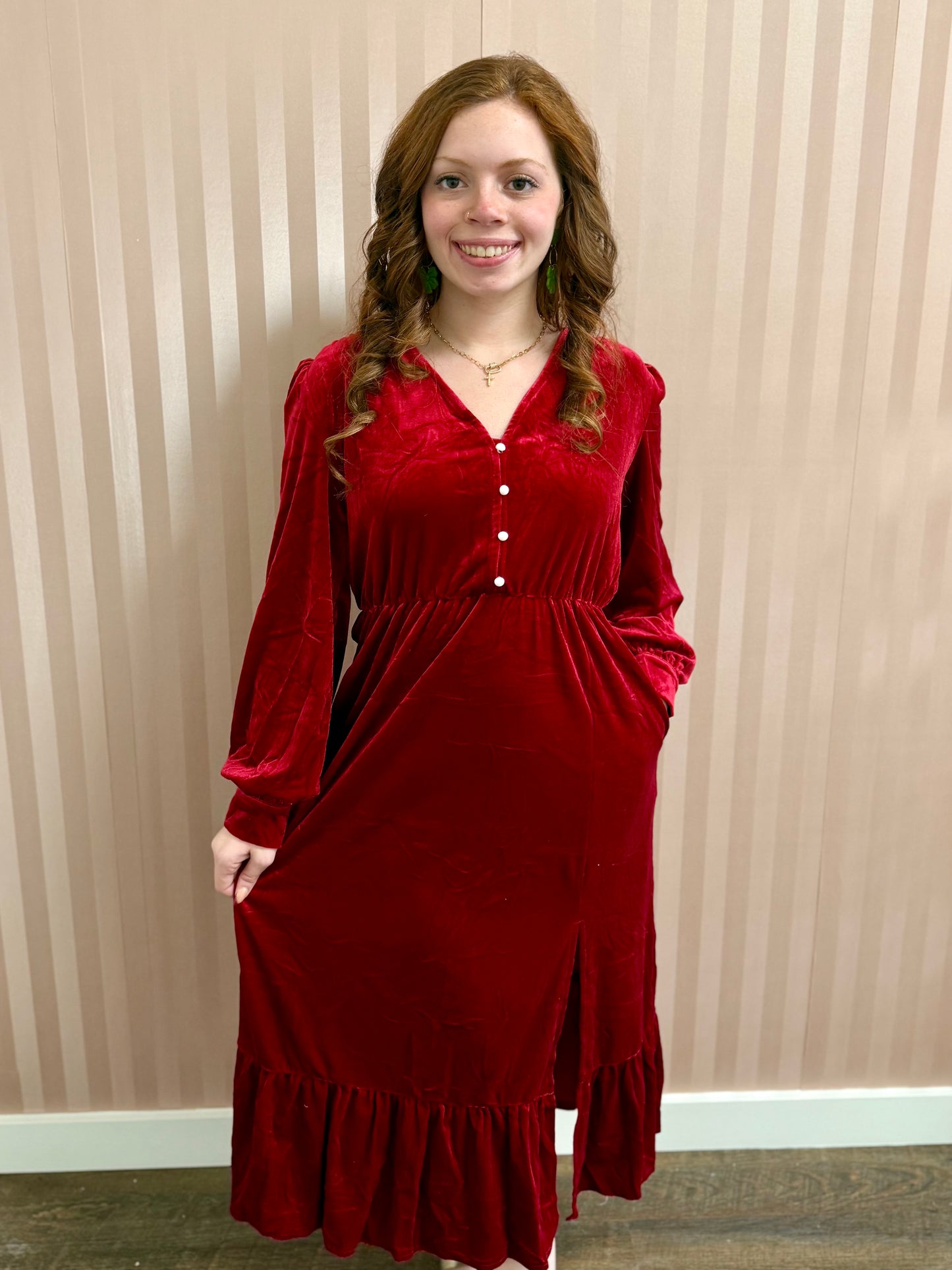 Red Velvet Buttoned Puff Sleeve Dress