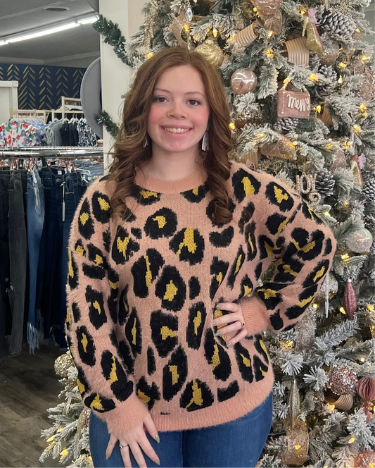 Plus Pink Leopard Round Neck Sweater Top