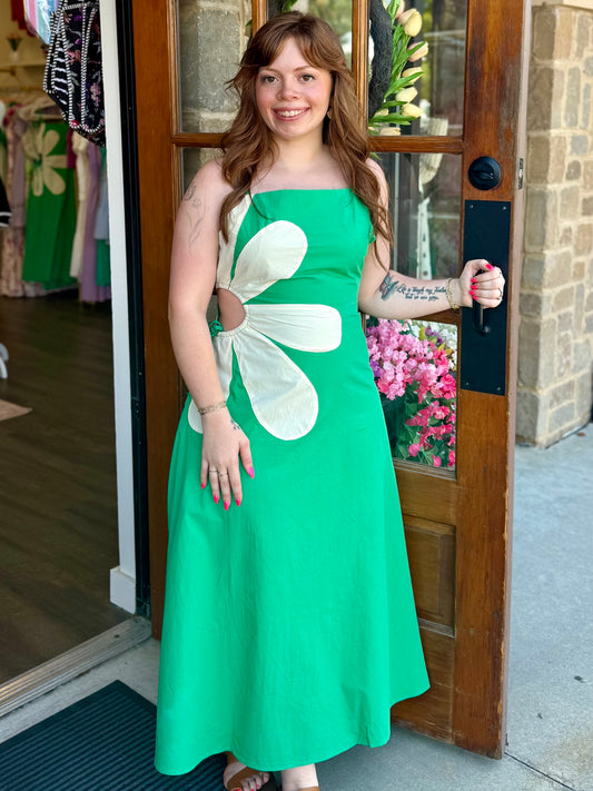 Green Side Cutout Floral Midi Dress