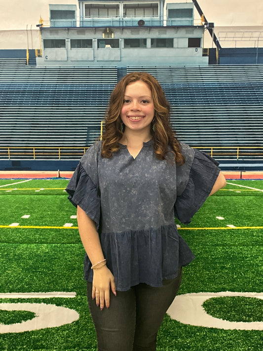 Washed Navy Ruffle Sleeve Top