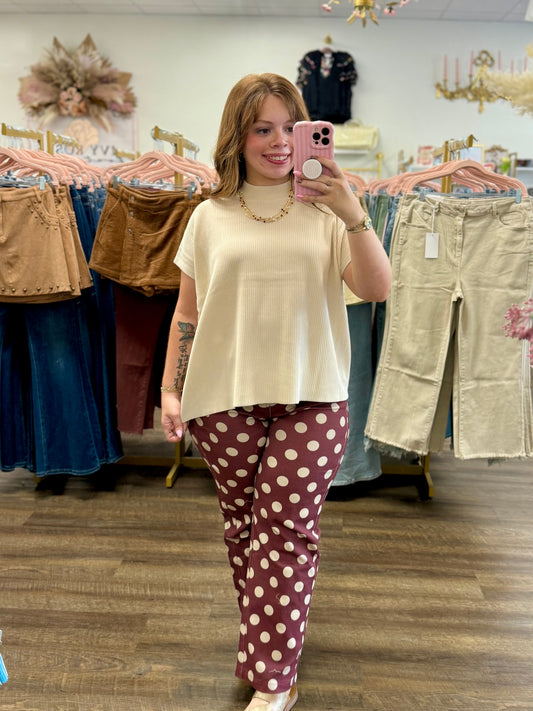 Burgundy Polka Dot Wide Straight Leg Pants