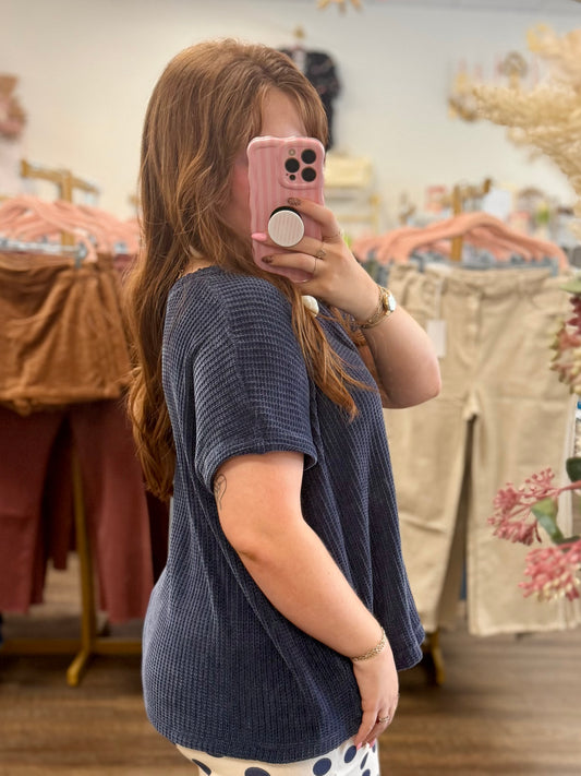 Navy Chenille Waffle Knit Sweater Top