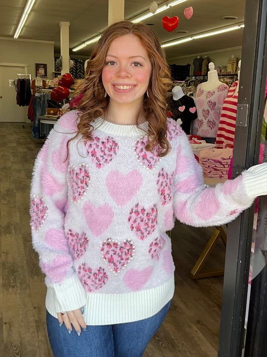 Pink Leopard Pearl Heart Sweater