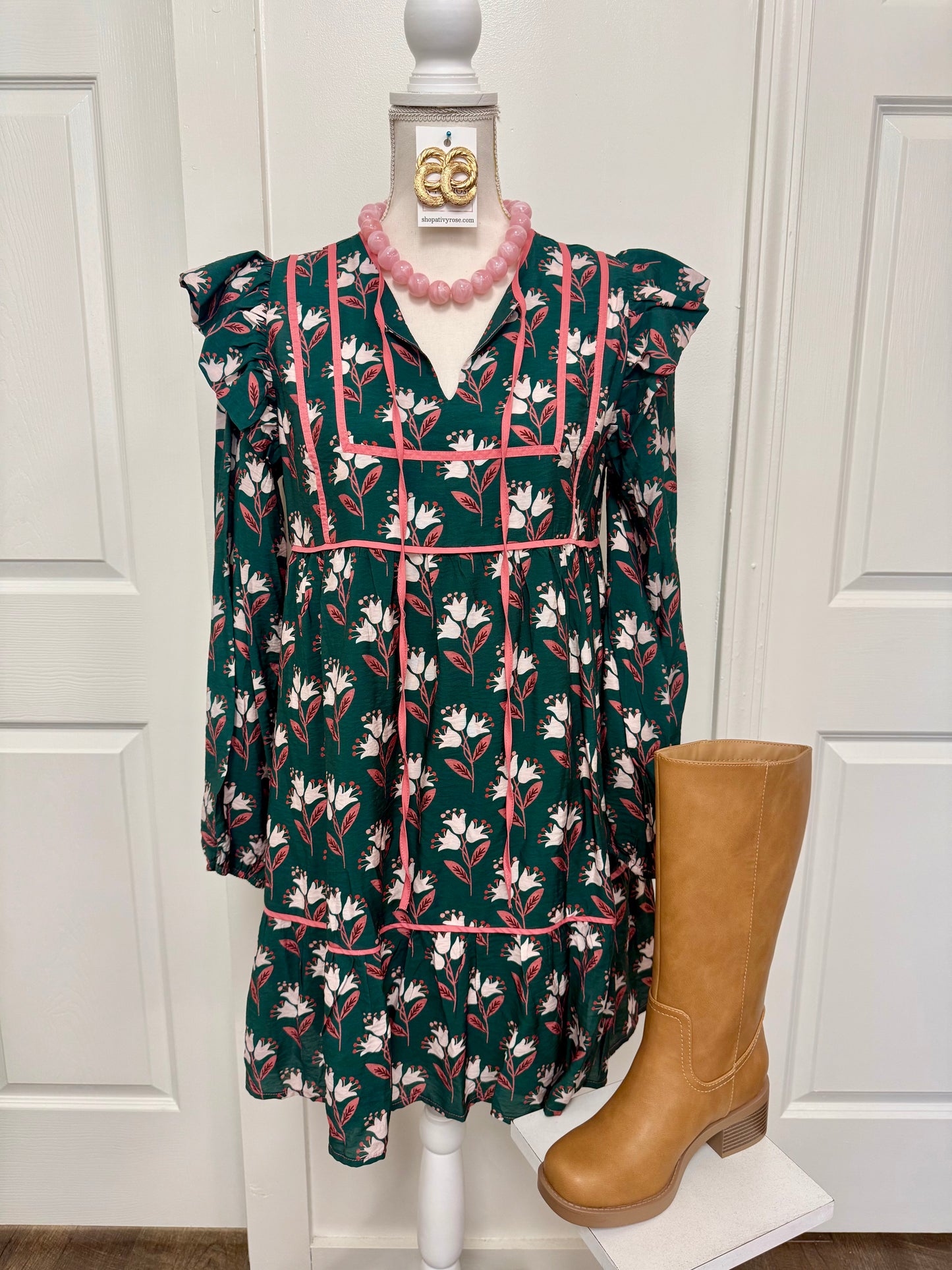 Hunter Green Ruffled Shoulder Floral Dress