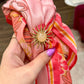 Pink & Orange Pattern Silk Scarf w/ Sun Pendant