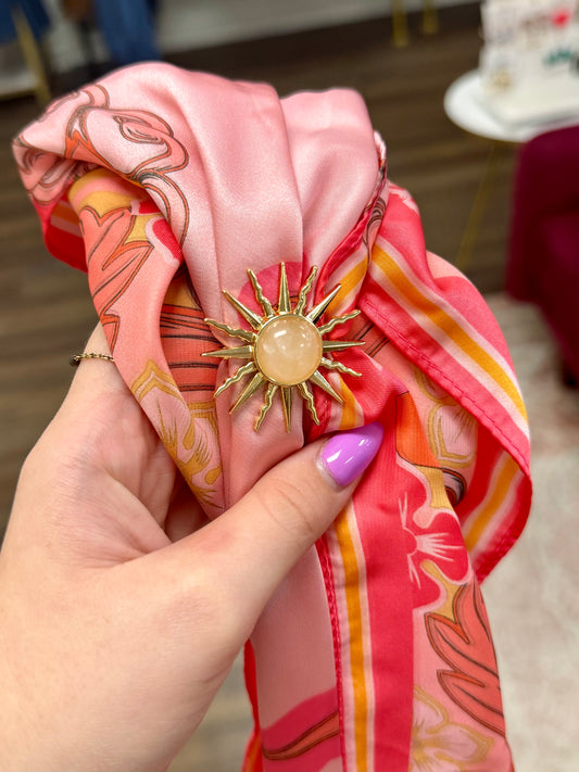 Pink & Orange Pattern Silk Scarf w/ Sun Pendant