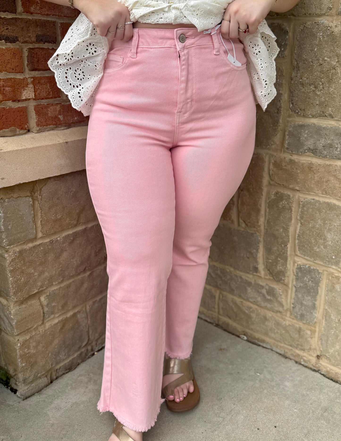 Pink Acid Wash High Waist Frayed Hem Bootcut Jeans