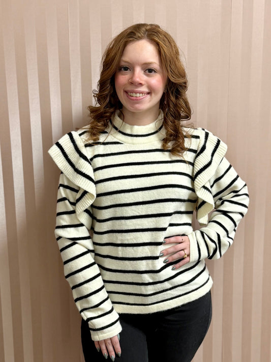 Striped Knit Ruffled Shoulders Top