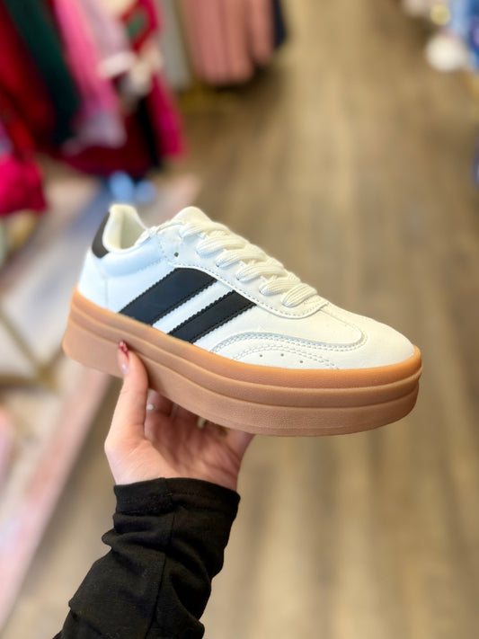 White & Black Double Stripe Platform Sneakers