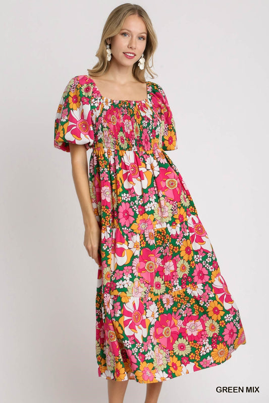 Floral Print Tiered Bubble Sleeve Dress