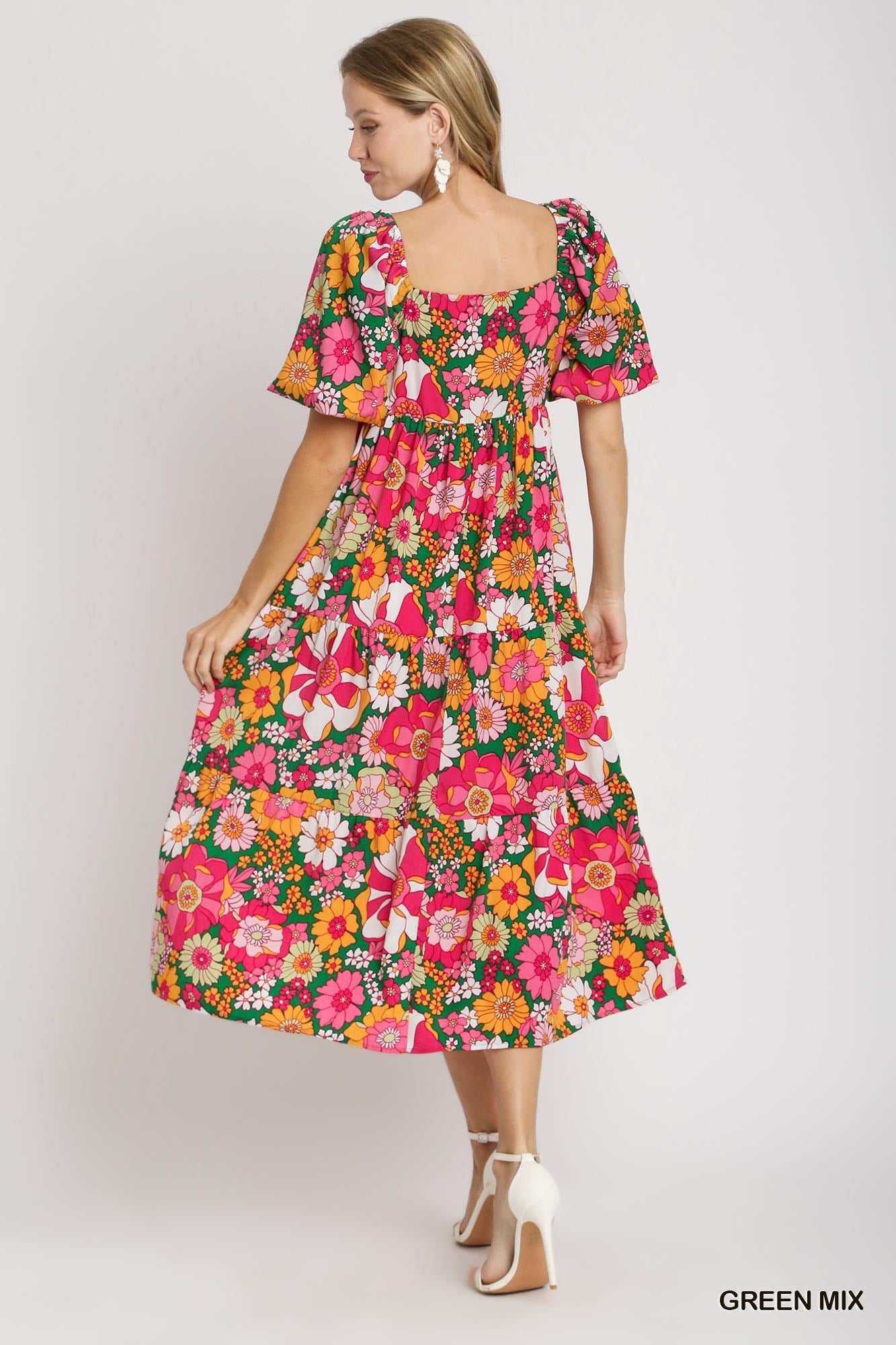 Floral Print Tiered Bubble Sleeve Dress