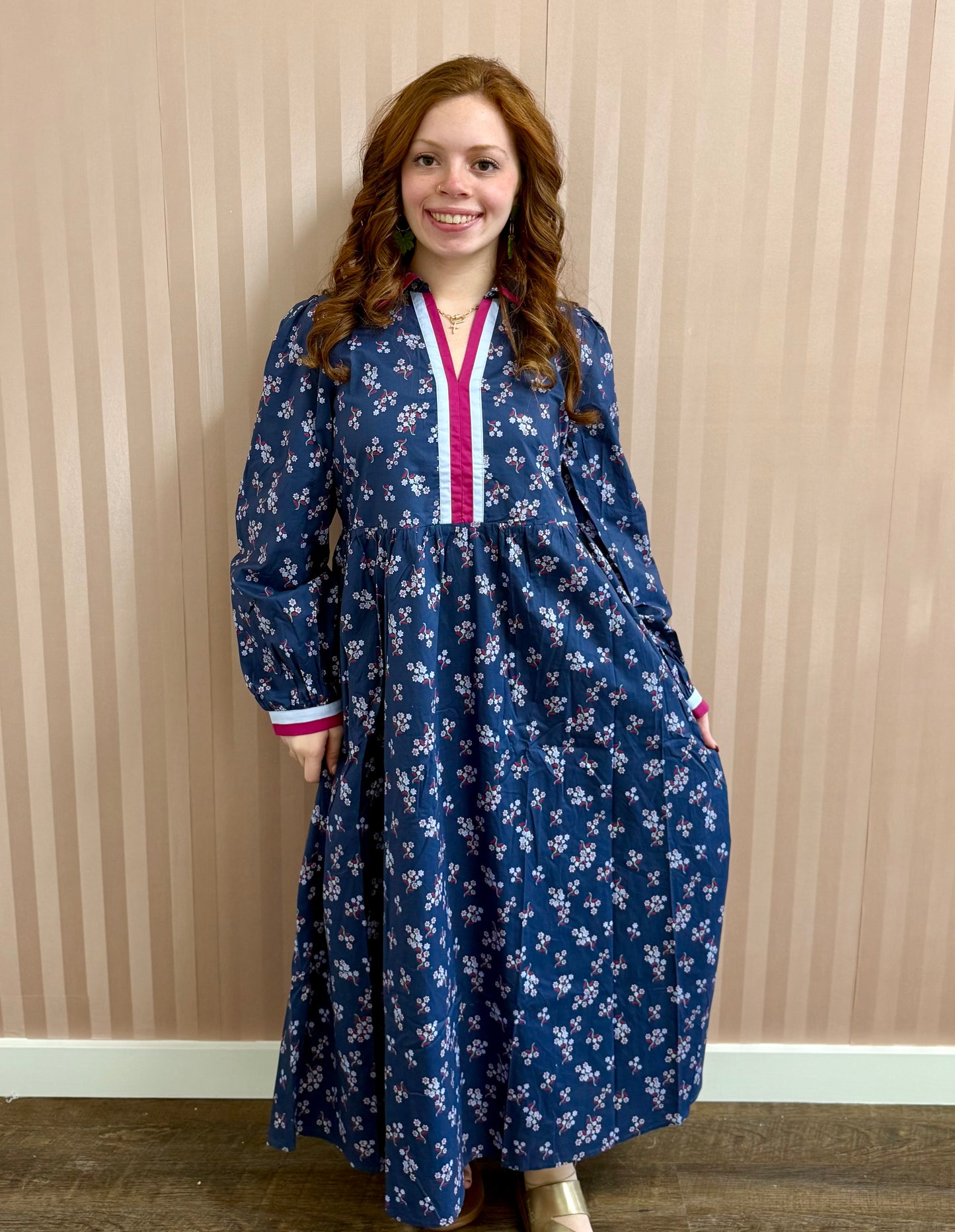 Blue Floral Contrast Midi Dress