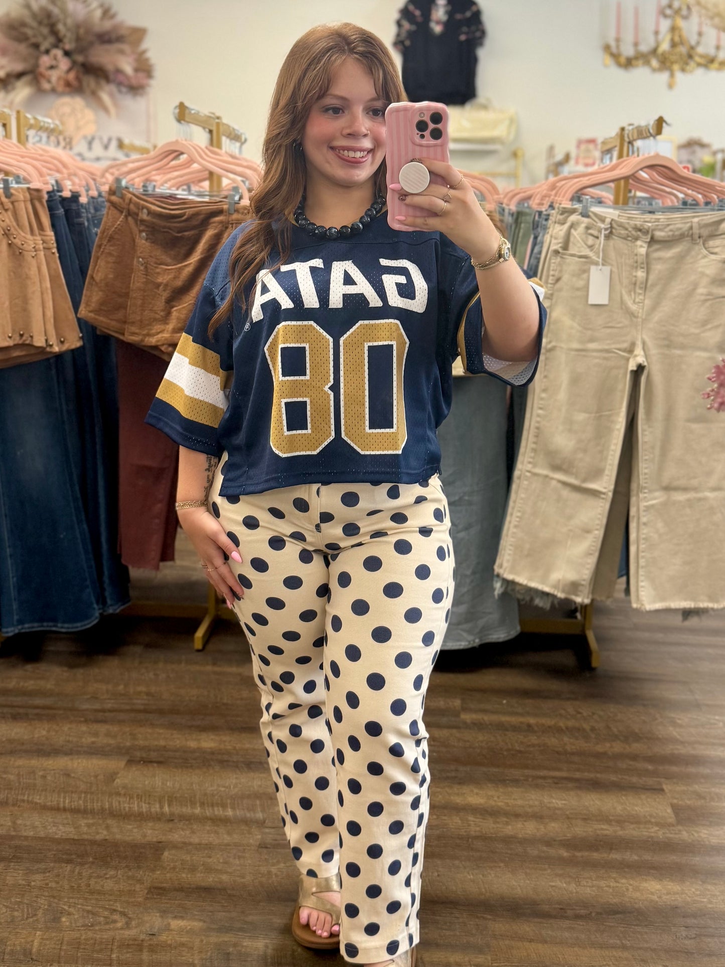Navy Polka Dot Wide Straight Leg Pants