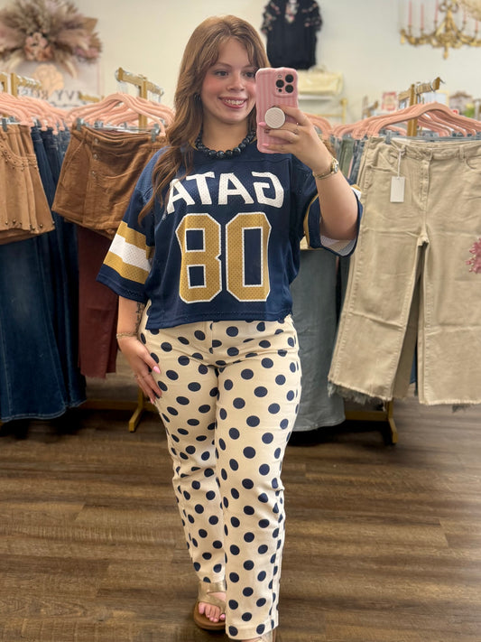 Navy Polka Dot Wide Straight Leg Pants