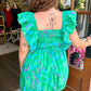 Green Multi Print Smocked Bubble Mini Dress