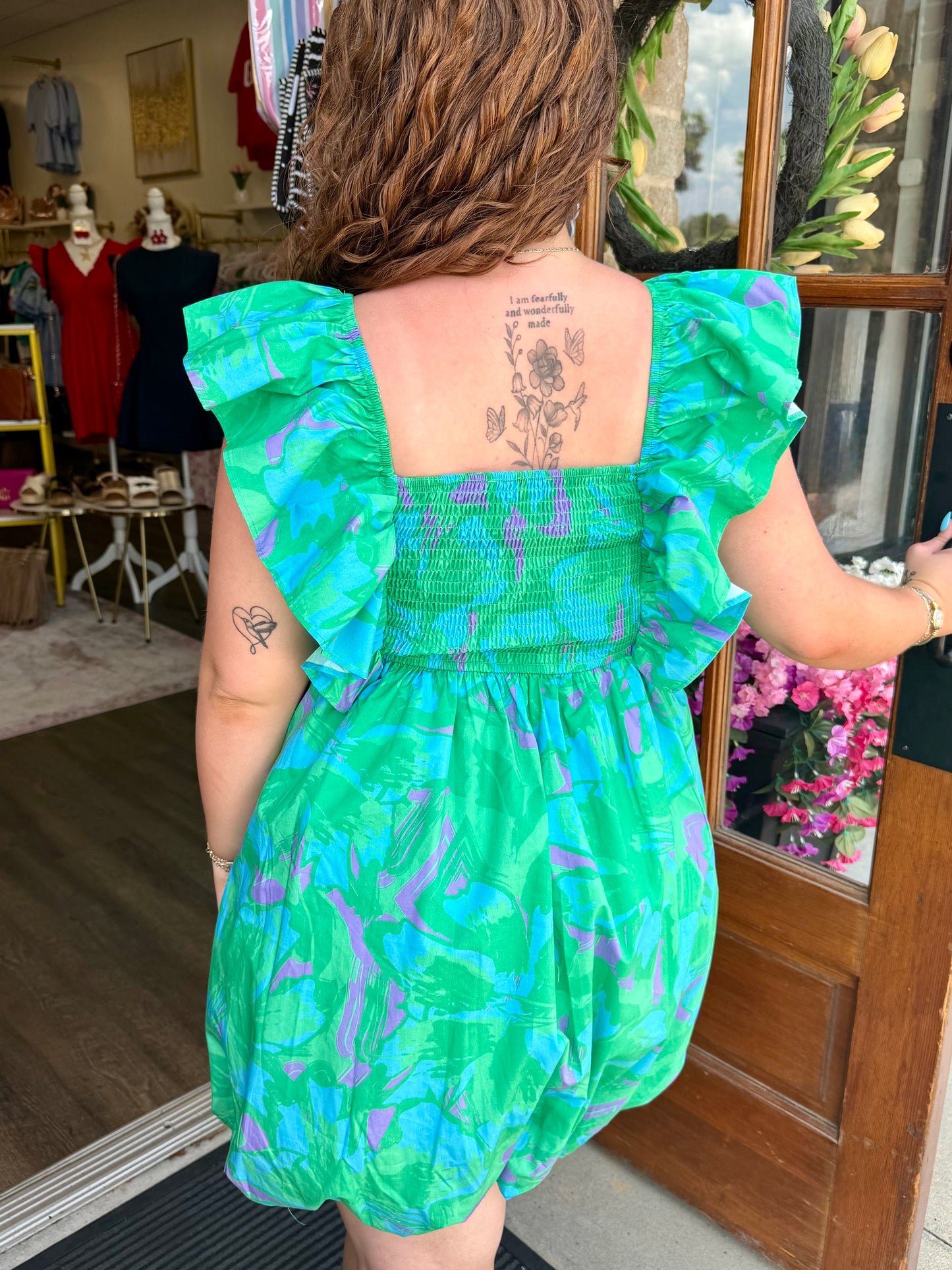 Green Multi Print Smocked Bubble Mini Dress