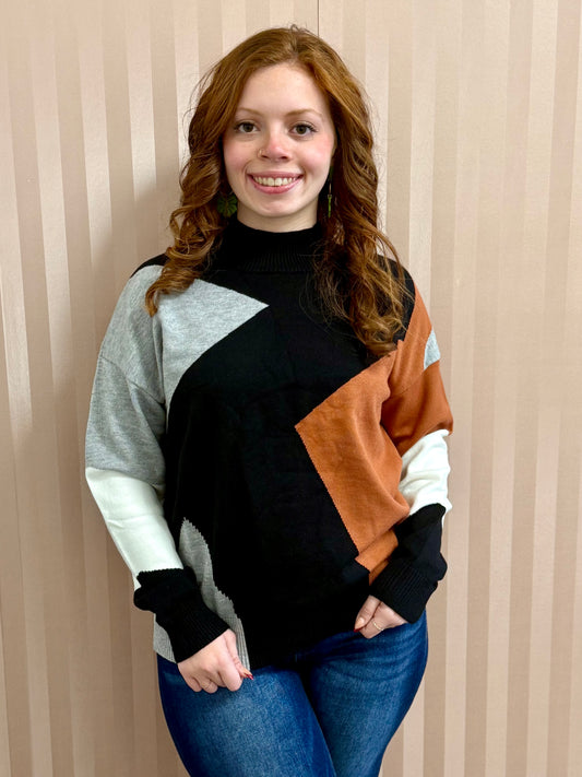 Orange Colorblock Mock Neck Knit Sweater