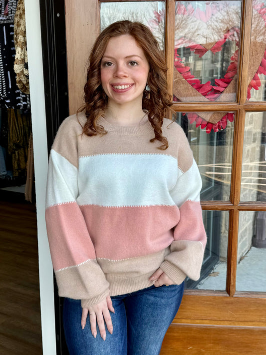 Color Block Lantern Sleeve Sweater