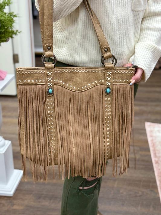 Montana West Turquoise Khaki Fringe Conceal Carry Purse