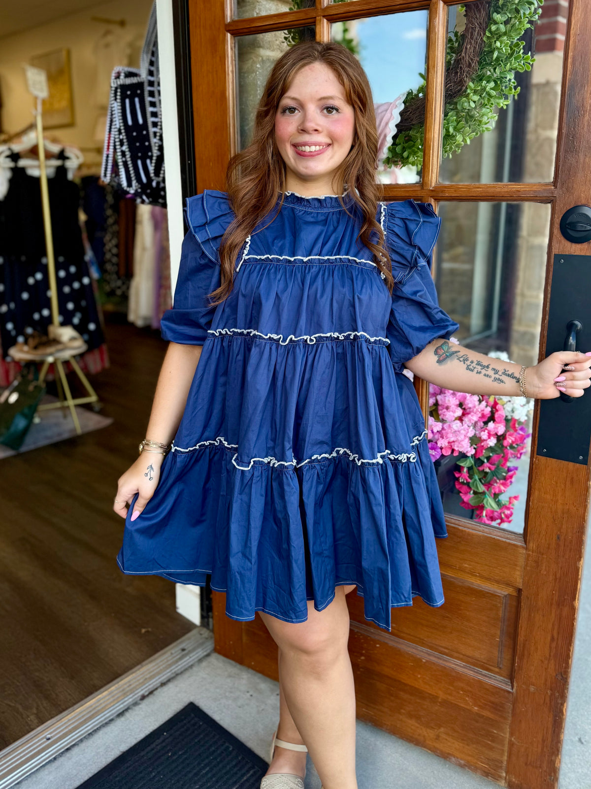 Navy Puff Sleeve Mini Dress