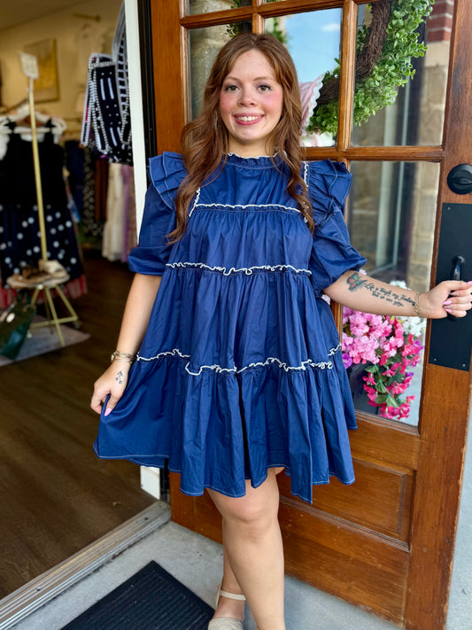 Navy Puff Sleeve Mini Dress